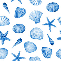 Watercolor seamless pattern with underwater life objects - seashells, starfish and sea urchin.