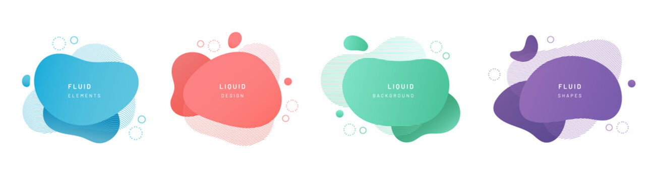 Red flat shape and green fluid blob, blue liquid stain and violet geometric form. Set of isolated abstract aqua spot with gradient or dynamic color. Background for card or template design for flyer.