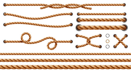 Set of isolated straight ropes and tied cross strings, realistic navy thread through metallic holes. Intertwined navy 3d cord. Vintage brown looped fiber with knot and noose. Nautical twisted whipcord - obrazy, fototapety, plakaty