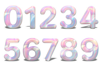 Set with colorful set numbers 3d holographic on white background. Geometric font. Celebration & party. Business card. Metal font. 3d rendering