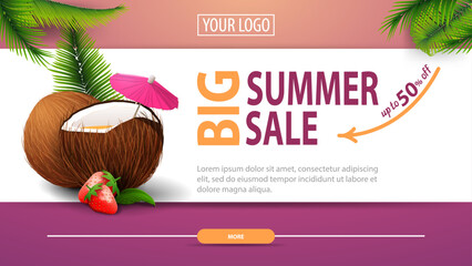 Big summer sale, discount horizontal web banner with modern, stylish design and strawberry cocktail in coconut