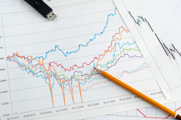 Desktop with financial documents and charts for business