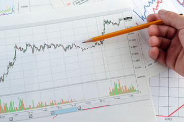 Desktop with financial documents and charts for business