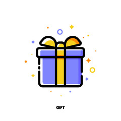 Icon of gift box which symbolizes delightful present or wonderful surprise for money-saving shopping concept. Flat filled outline style. Pixel perfect 64x64. Editable stroke