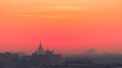 Sunrise over Moscow, view from the observation deck on the Sparrow hills.