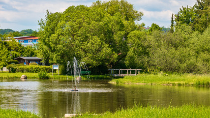 Obraz premium Beautiful view with a fountain in a pond near Auerbach - Bavarian forest - Bavaria - Germany
