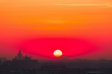 Fototapeta premium Sunrise over Moscow, view from the observation deck on the Sparrow hills.