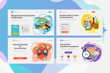Responsive landing page and one page website design template mockups collection for business - Consulting, Management, Investment, SEO and Strategy. Flat style vector illustration web page set