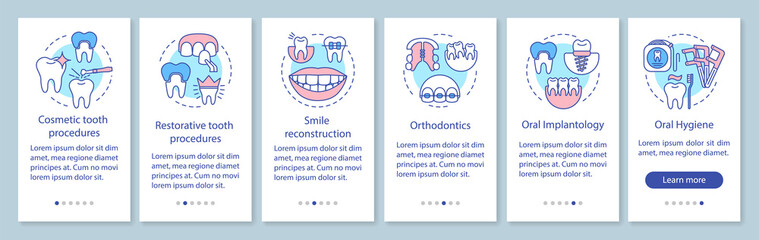 Dental clinic services onboarding mobile app page screen with linear concepts