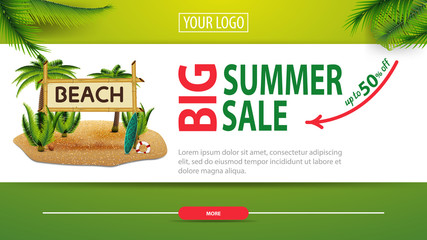 Big summer sale, discount horizontal web banner with modern, stylish design, coconut palms and bamboo sign with the inscription "beach"
