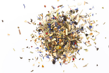 Herbal tea on a white background. Top view.