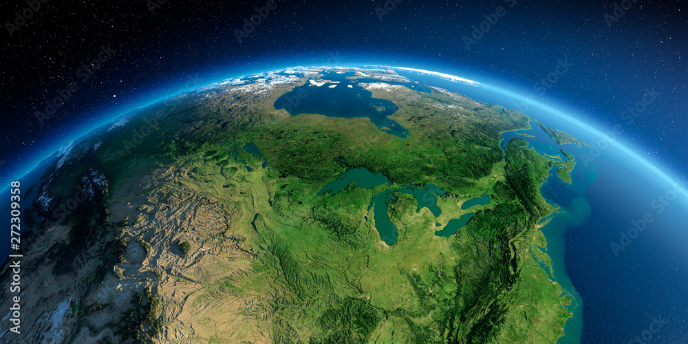 Wall mural Highly detailed planet Earth in the morning. Exaggerated precise relief lit morning sun. Detailed Earth. United States and Canada. Great Lakes. 3D rendering. Elements of this image furnished by NASA