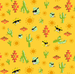 Obraz premium Cat and Cactus Orange and Yellow Bright Pattern