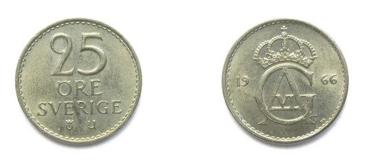 Swedish 25 Ore 1966 year coin. Coin shows a monogram of Swedish king Gustaf Adolf VI and Coat of...