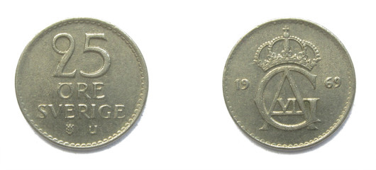 Swedish 25 Ore 1969 year coin. Coin shows a monogram of Swedish king Gustaf Adolf VI and Coat of...