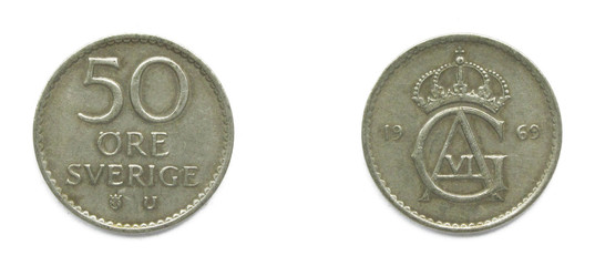 Swedish 50 Ore 1969 year coin. Coin shows a monogram of Swedish king Gustaf Adolf VI and Coat of...