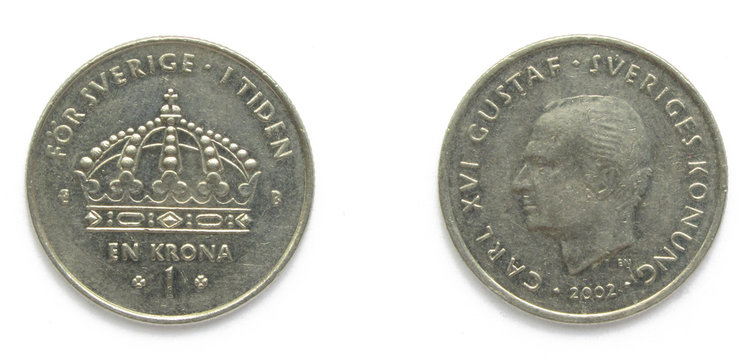 Swedish 1 Crowns (Krona, kronor) 2002 year coin. Coin shows a portrait of  Swedish king Carl XVI Gustaf of Sweden and Coat of arms of Sweden on the  obverse. foto de Stock