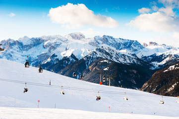 Ski resort in winter Dolomite Alps. Val Di Fassa, Italy. Winter sports