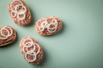 Deutsche Mettbrötchen mit rohen Schweine Mett, Brötchen, Butter, Zwiebeln, Pfeffer und Mett auf Mint Grün Pastell Hintergrund
