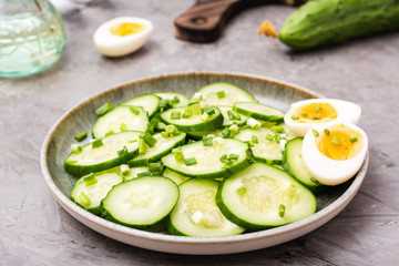 Ready-to-eat fresh cucumber salad, boiled chicken egg and green onions on a plate on the table