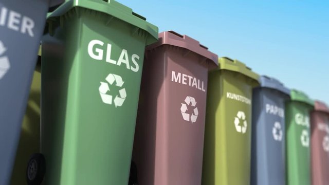 Trash cans for sorting garbage. Text in German means paper, glass, metal and plastic. Loopable animation