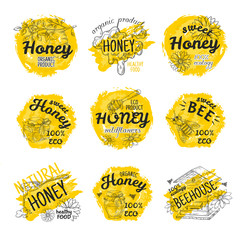 Honey sketch logos. Hand drawn bees and honeycomb labels design, bumble and flowers eco food stamp. Vector decorative sign ad templates natural dessert sweets