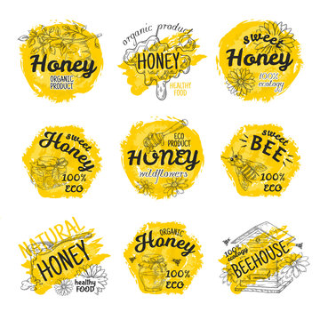 Honey sketch logos. Hand drawn bees and honeycomb labels design, bumble and flowers eco food stamp. Vector decorative sign ad templates natural dessert sweets