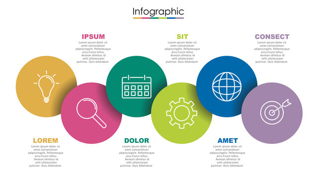 Vector infographic template with six steps or options. Illustration presentation with thin line elements icons.  Business concept graphic design can be used for web, paper brochure, diagram,