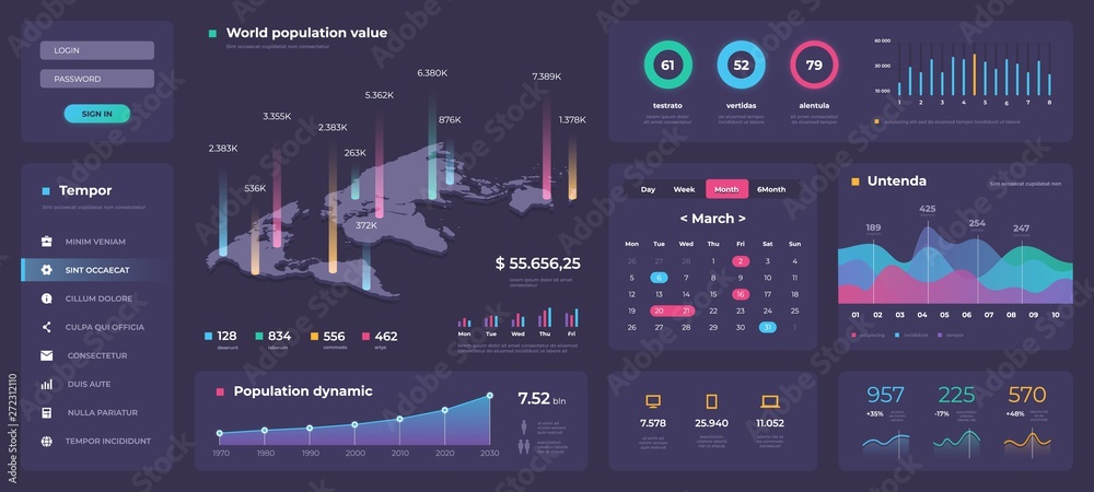 Poster Infographic dashboard template. White modern web app UI with graphs round bars and charts. Vector admin creative workflow panel design