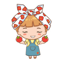 Vector illustration of cute girl in headscarf holding red tomato. Chibi cute girl character isolated on white background. 