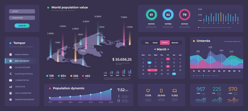 Infographic dashboard template. White modern web app UI with graphs round bars and charts. Vector admin creative workflow panel design
