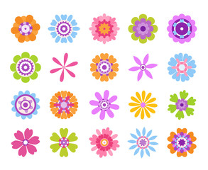 Fototapeta na wymiar Cartoon flower icons. Summer cute girly stickers, modern flowers clip art icon set. Vector retro pretty nature graphic template