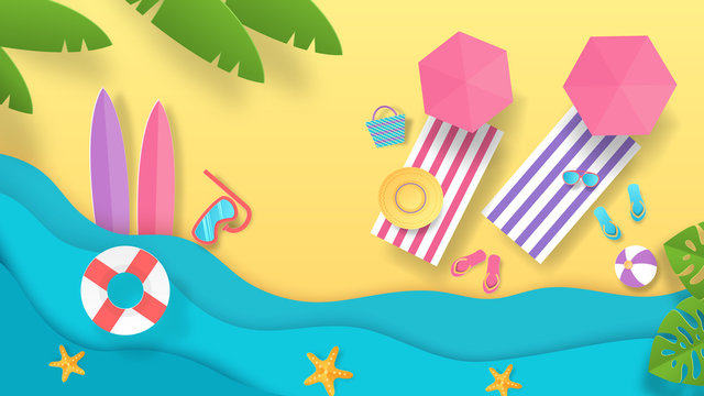 Paper cut summer beach. Vacation background with top view of waves umbrellas and seaside. Vector summer holiday fashion styling poster
