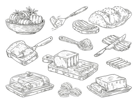Hand drawn butter. Sketch breakfast culinary ingredient, drawn compositions with bread and butter. Vector images doodle farm fats set
