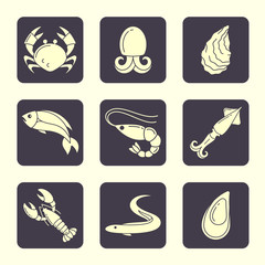 Icons set of seafood in flat style. Suitable for advertising or cafe menu decoration