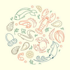Round concept with seafood elements in linear style. Suitable for advertising or cafe menu decoration