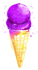 Ice cream cone berry wafer watercolor sketch purple isolated