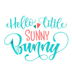 Hello Little Sunny Bunny quote. Isolated color pink, blue flat hand draw calligraphy script and grotesque lettering logo phrase.