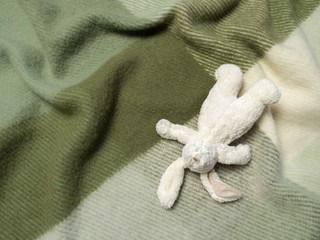 Fototapeta na wymiar Plush toy bunny on green woollen blanket