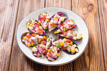 Traditional  Peruvian food background with mussels