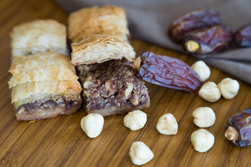 Turkish style vegan baklava or Antep baklava with nut,date fruit, pistachio for presentation and service and food photography. 