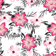 seamless hand draw flower branches and leaf design pattern