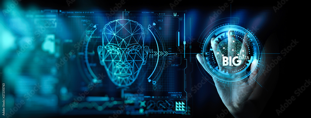 Poster Big data world and globe icon ui with hand selecting and pressing Big Data symbol and modern interface and data science.