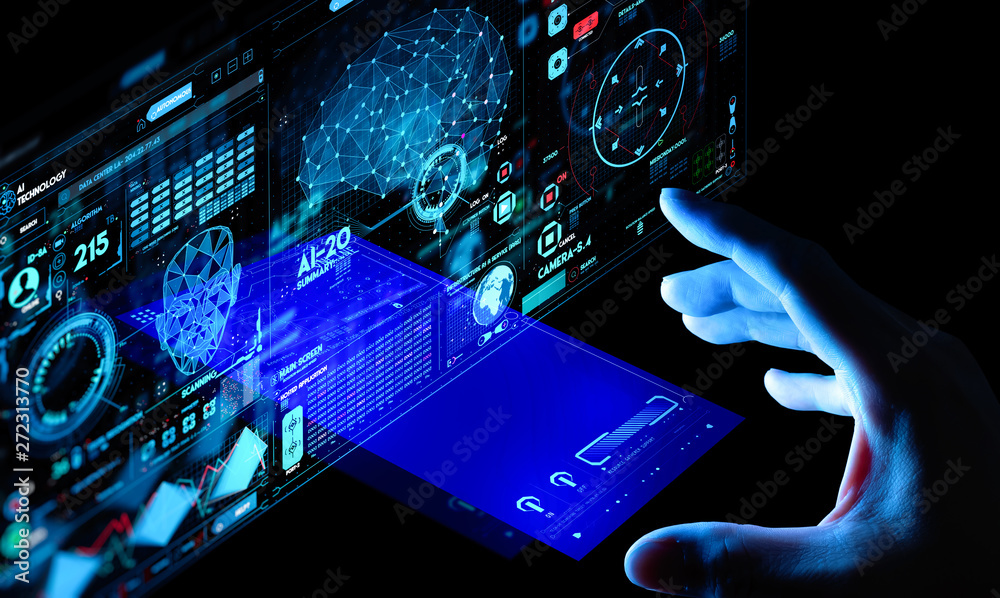 Poster business hand working with cryptocurrency and ai smart phone interface.