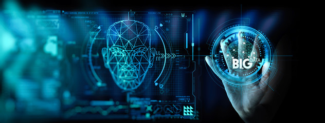 Big data world and globe icon ui with hand selecting and pressing Big Data symbol and modern interface and data science.