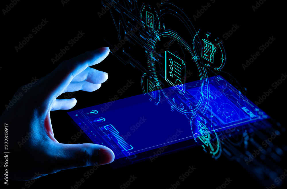Poster Hand touch smart phone icon of Document Management Data System Business Internet Technology Concept.