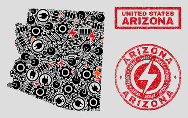 Composition of mosaic power supply Arizona State map and grunge watermarks. Collage vector Arizona State map is created with service and power icons. Black and red colors used.
