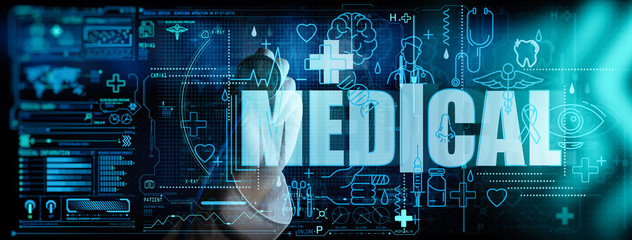 Medicine doctor hand with stethoscope working with icon medical network connection on virtual screen interface as Modern medical technology and innovation concept