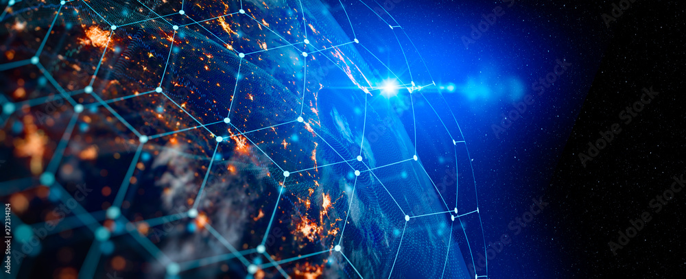 Poster Communication technology for internet business. Global world network and telecommunication on earth cryptocurrency and blockchain and IoT. Elements of this image furnished by NASA