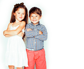 little cute boy and girl hugging playing on white background, happy smiling family, lifestyle...